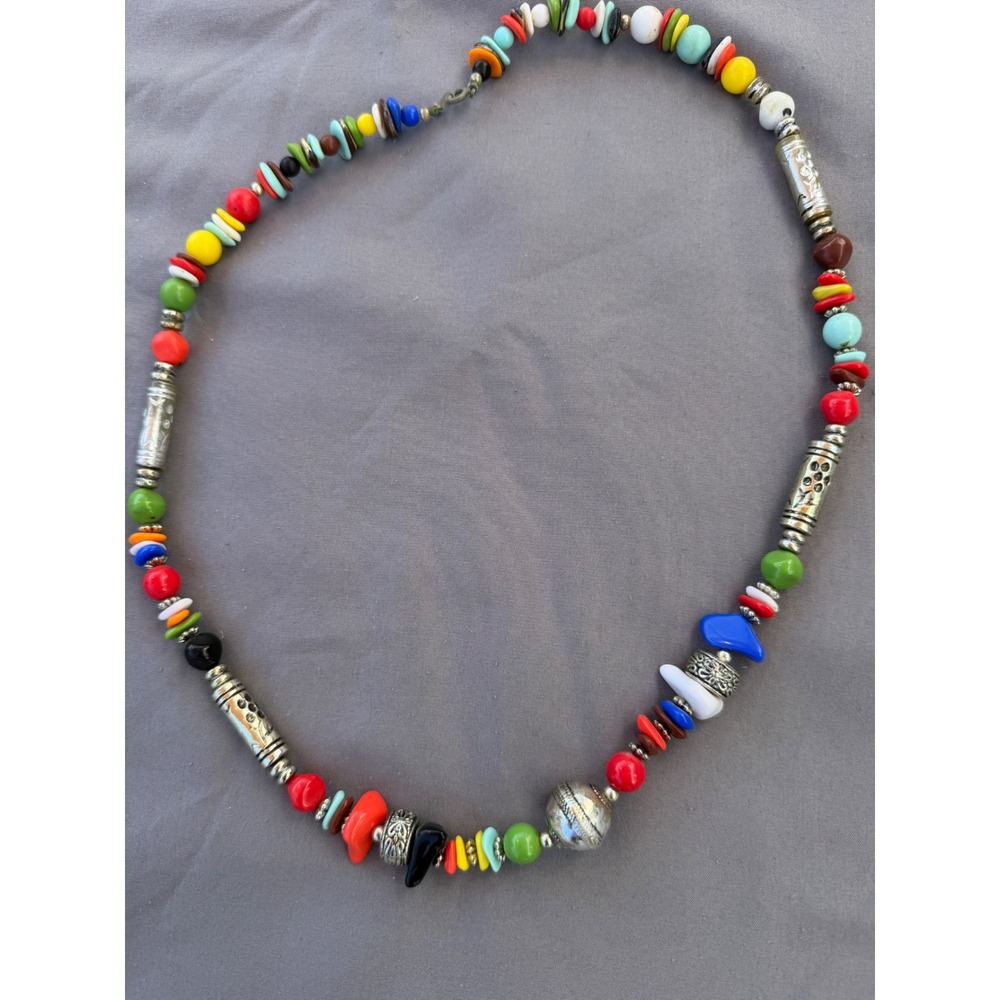 Vintage Boho Multi Color Beaded Necklace Silver Tone Metal Accents 27 Inch